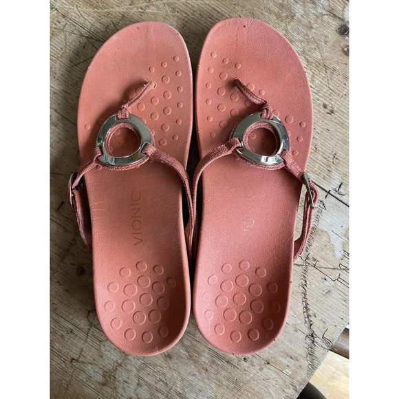 Vionic Women's Size 10 Karina Orange Leather Gold Hardware‎ Thong Strap Sandals - Picture 2 of 7